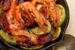 Roasted Shrimps With Zucchini And Tomatoes Stock Photo