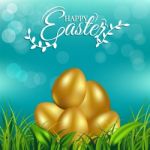 Gold Eggs On Fresh Spring Grass For Easter Day Greeting Card Stock Photo