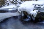 Winter Landscape, Waterfall And River On The Forest In Winter Stock Photo