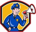 Policeman Shouting Bullhorn Shield Cartoon Stock Photo