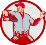 Baseball Pitcher Throwing Ball Circle Side Woodcut Stock Photo