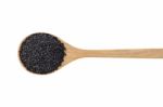 Black Sesame On Wood Spoon Isolated On White Stock Photo