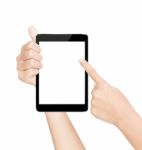 Hand Showing Black Tablet Isolated With Clipping Path Stock Photo