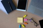 Top View Laptop On Desk. Working Space Concept Stock Photo