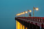 The Lights On The Bridge At Night Background Sea At Prachuap Bay In Thailand Stock Photo