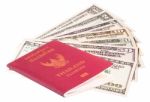 Us Dollar Banknote With Thailand Passport On White Background Stock Photo