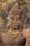 Statue Of Ancient Khmer Warrior Head At Angkor Wat Stock Photo