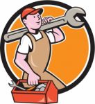 Mechanic Carrying Spanner Toolbox Circle Cartoon Stock Photo