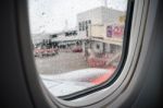 Inside A Plane Park In Airport, Raindrop On The Window, Selectiv Stock Photo