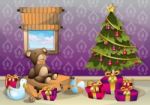 Cartoon  Illustration Interior Christmas Room With Separated Layers Stock Photo