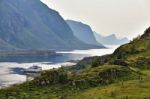 Norway Villages In Fjord. Cloudy Nordic Day Stock Photo