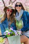 Two Beautiful Young Women With A Vintage Bike In The Field Stock Photo