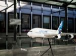 Model Of An Airbus 380 Aeroplane Outside A Building In London Stock Photo