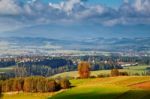 Poland Autumn Hills. Sunny October Day In Mountain Village Stock Photo