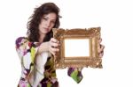 Woman Holding An Picture Frame Stock Photo