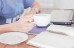 Work Station In Coffee Shop Stock Photo