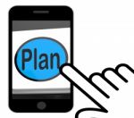 Plan Button Displays Objectives Planning And Organizing Stock Photo