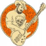 Cowboy Playing Bass Guitar Circle Drawing Stock Photo