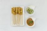 Grill Pork Satay With Peanut Sauce Stock Photo