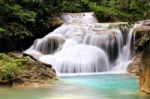 Beautiful Waterfall At Erawan National Park In Kanchanaburi ,tha Stock Photo