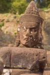 Statue Of Ancient Khmer Warrior Head At Angkor Wat Stock Photo