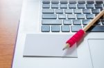 Simply Freelance Work Table With Laptop Stock Photo