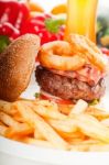 Classic Hamburger Sandwich And Fries Stock Photo