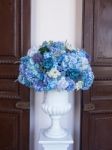 Flower Arrangement Of Colorful Summer Blooms In A White Pottery Stock Photo