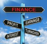 Finance Signpost Shows Profit Earnings Interest And Turnover Stock Photo