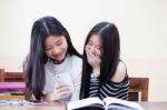 Two Asia Thai High School Student Uniform Best Friends Beautiful Girl Reading Book Stock Photo