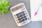 Calculator, Notepad,  Pen And Green Plant On Grey Background Stock Photo