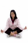 Front View Of Female In Lotus Pose On White Background Stock Photo