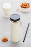 Almond Milk In Bottle Stock Photo