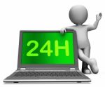 24h Laptop And Character Shows All Day Service On Web Stock Photo