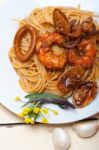 Italian Seafood Spaghetti Pasta On Red Tomato Sauce Stock Photo