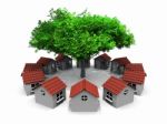 Small Houses In Circles And Tree Stock Photo