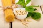 Italian Traditional Basil Pesto Pasta Ingredients Stock Photo