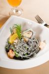 Seafood Black Spaghetti Stock Photo