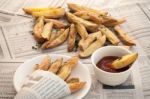 Fries French Ketchup Herb Still Life Stock Photo