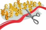 Scissors Cutting Red Ribbon With Currency Signs Stock Photo