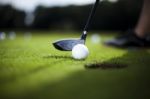 Golf Ball On Green Meadow, Driver Stock Photo