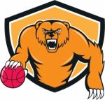 Grizzly Bear Angry Dribbling Basketball Shield Cartoon Stock Photo