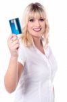 Shopper Woman Holding Debit Card Stock Photo