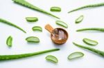 Aloe Vera Fresh Leaves With Aloe Vera Gel On Wooden Measuring Sp Stock Photo