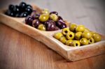 Variety Of Green, Black And Mixed Marinated Olives Stock Photo