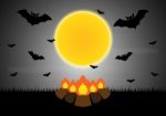 Halloween Bonfire Moon Bat  Stock Photo