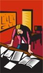 Teacher Depressed Table Classroom Woodcut Stock Photo