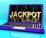 Jackpot Word With Fireworks On Laptop Showing Winning Stock Photo