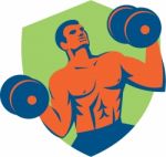 Strongman Crossfit Lifting Dumbbells Shield Retro Stock Photo