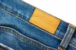 Leather Label On Blue Jeans Stock Photo